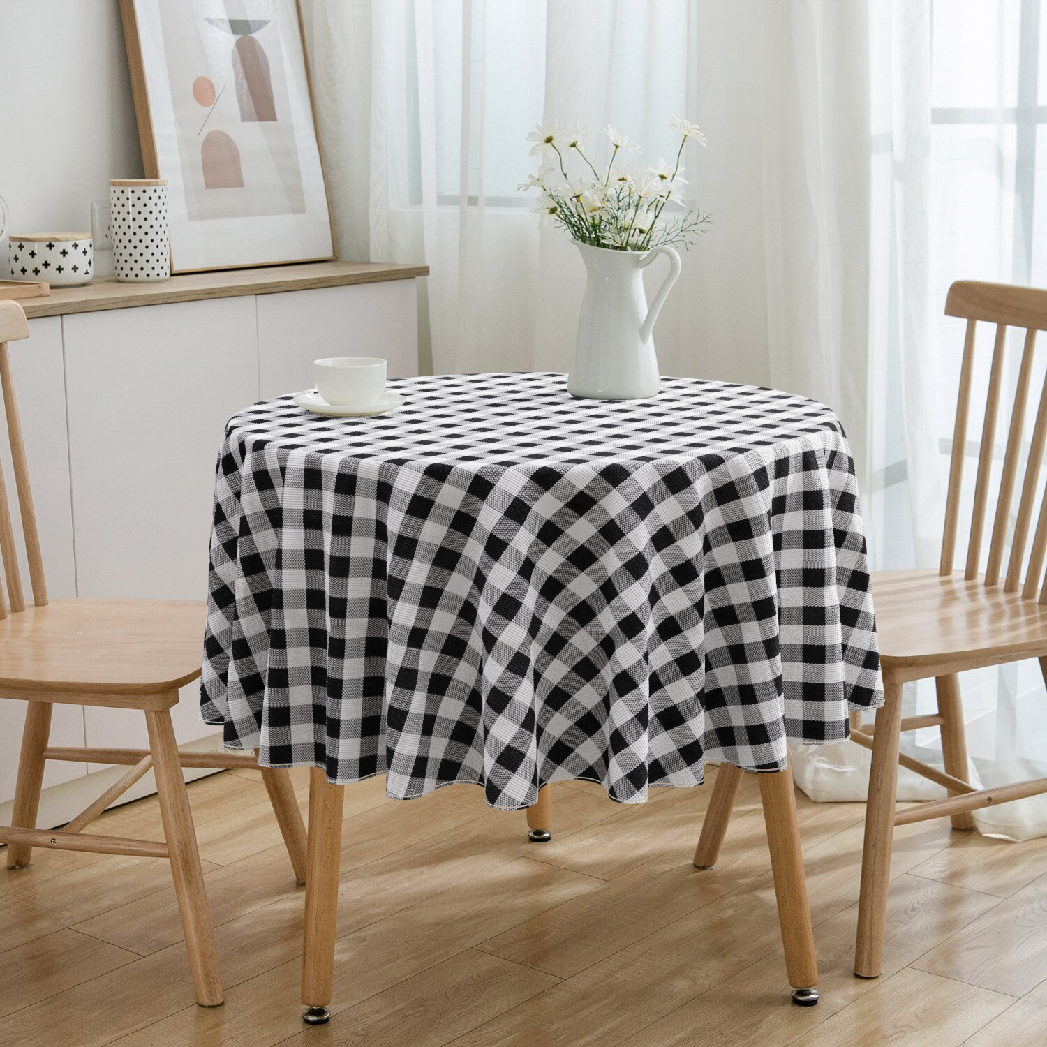 Toalha De Mesa Redonda Xadrez Preto E Branco 4 Lugares