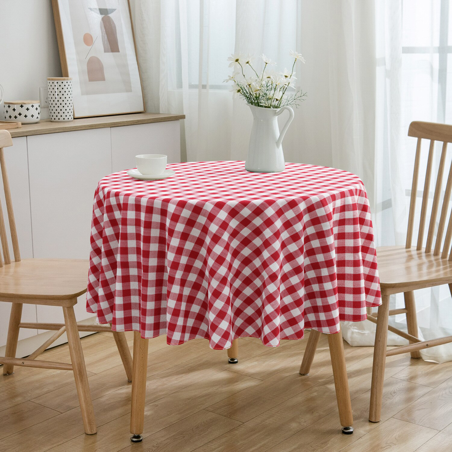 Toalha De Mesa Redonda Xadrez Vermelho E Branco 4 Lugares