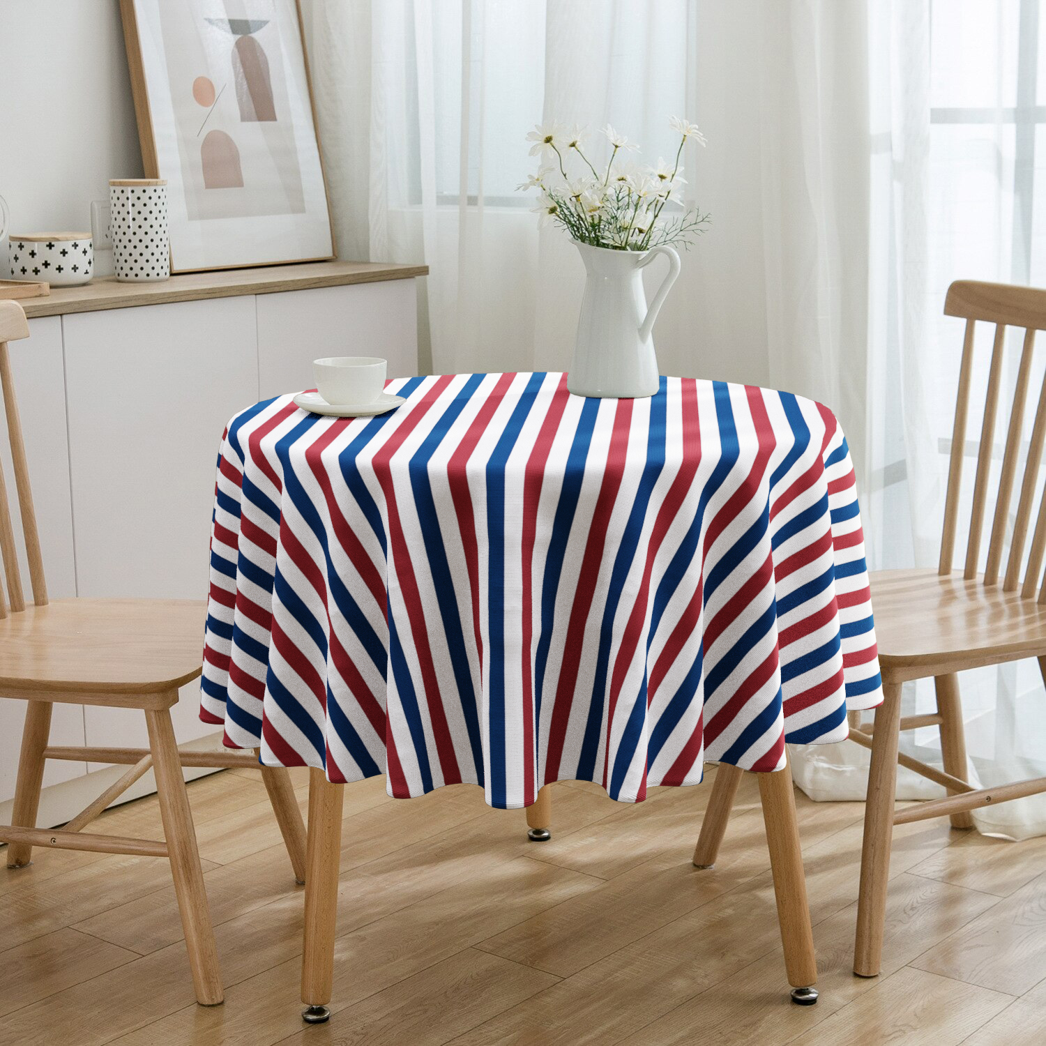 Toalha De Mesa Redonda Impermeável Navy Listrado 4 Lugares