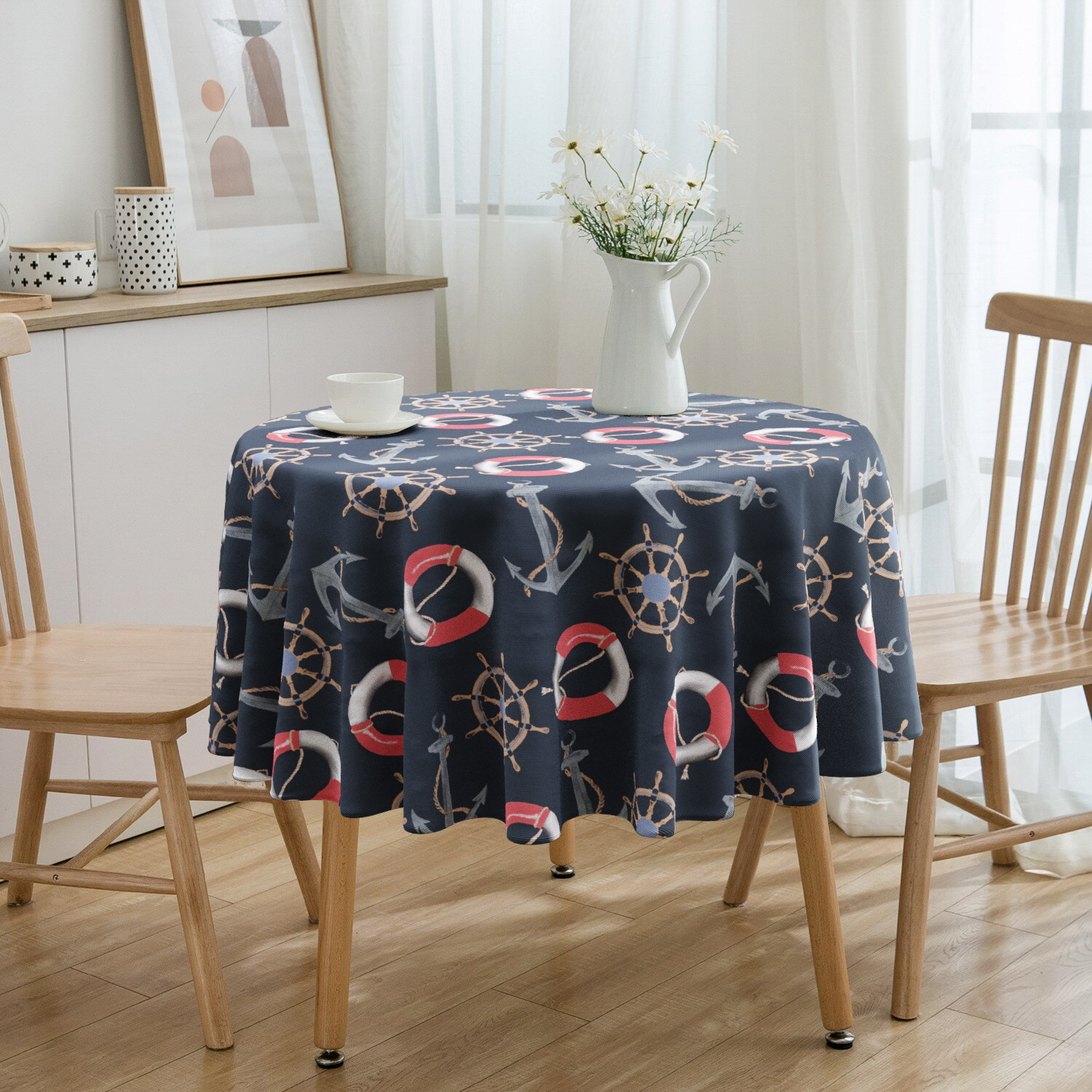 Toalha De Mesa Redonda Impermeável Marítimo 4 Lugares