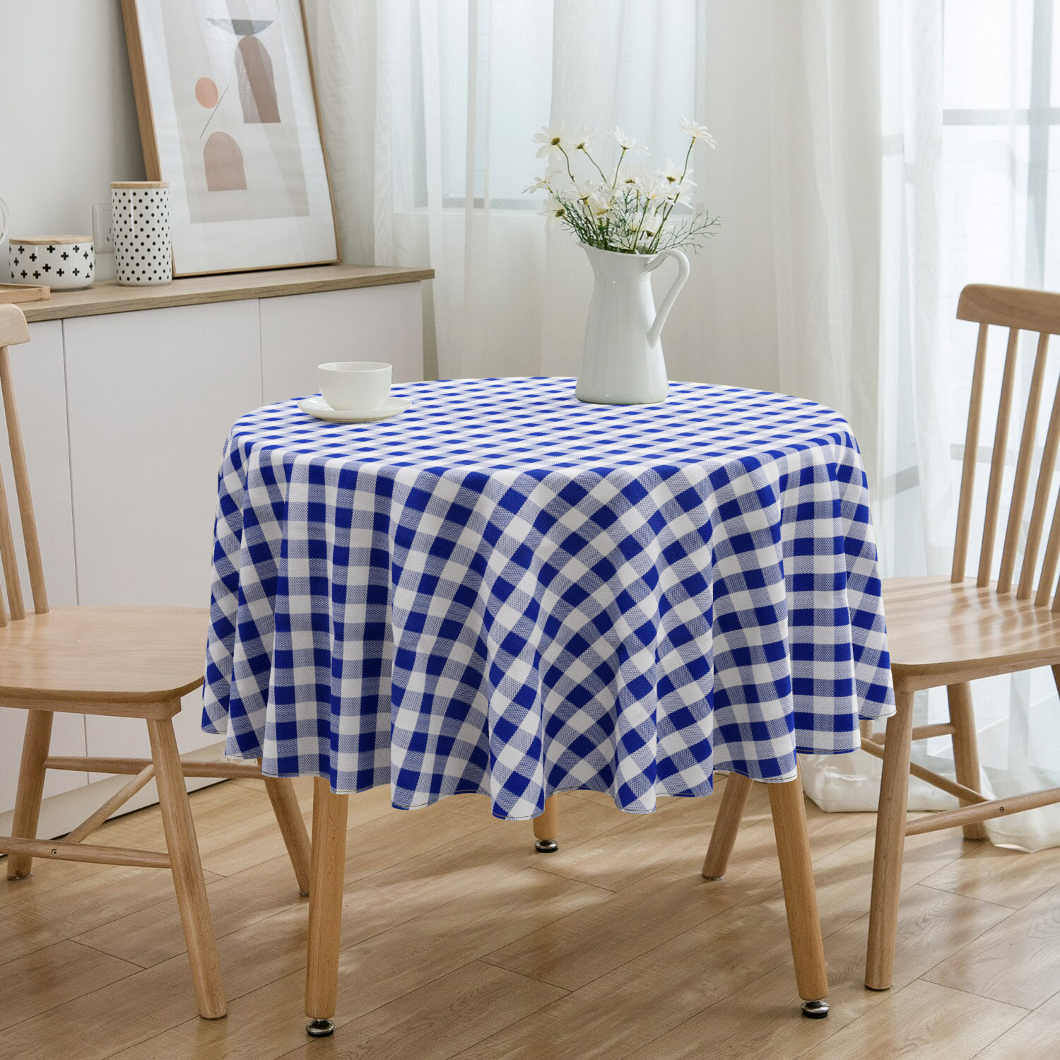 Toalha De Mesa Redonda Xadrez Azul E Branco 4 Lugares