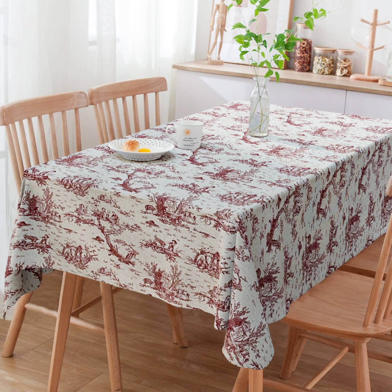 Toalha de Mesa de Linho Estampado Toile De Joule Marsala 6 Lugares