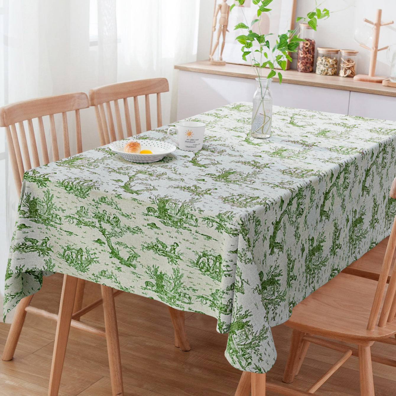 Toalha de Mesa de Linho Estampado Toile De Joule Verde 6 Lugares