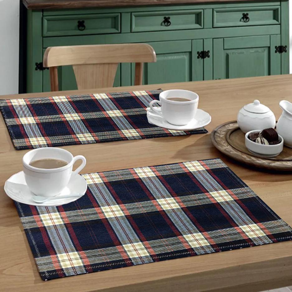 Jogo Americano 6 Peças Em Jacquard Estampado Quadriculado Azul Escuro