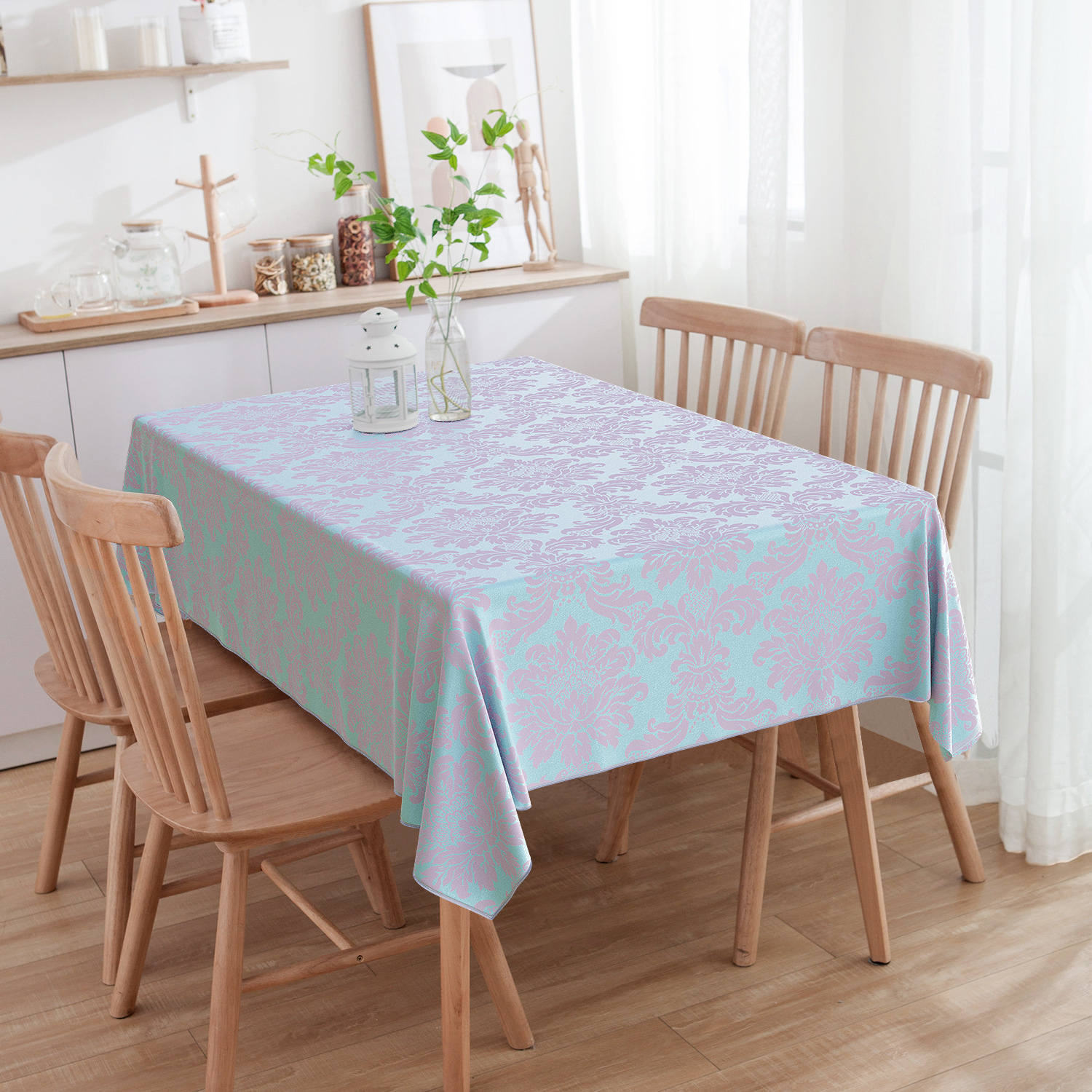 Toalha De Mesa Retangular Medalhão Rosa E Tiffany 3m x 1.40m