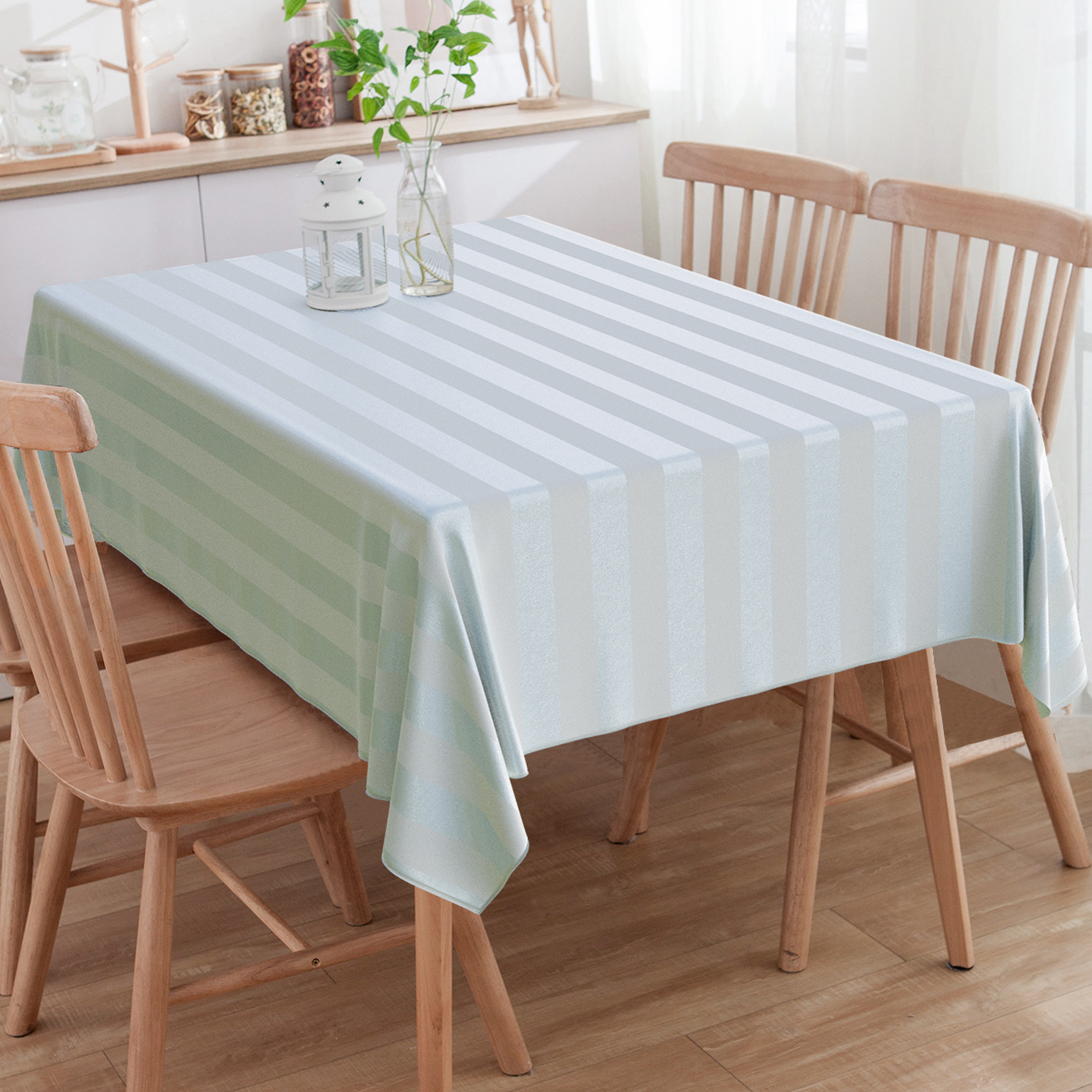 Toalha De Mesa Quadrada Jacquard Tradicional Listrado Azul Prateado e Crú