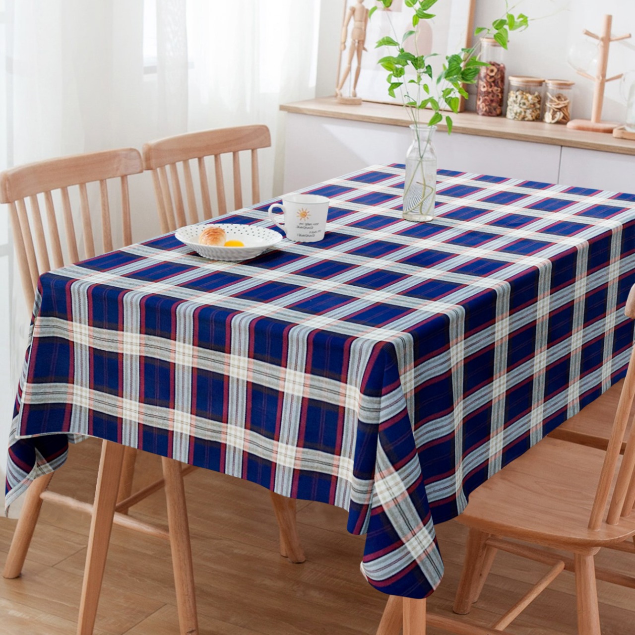 Toalha De Mesa Retangular 6 Lugares Jacquard Estampado Quadriculado Azul