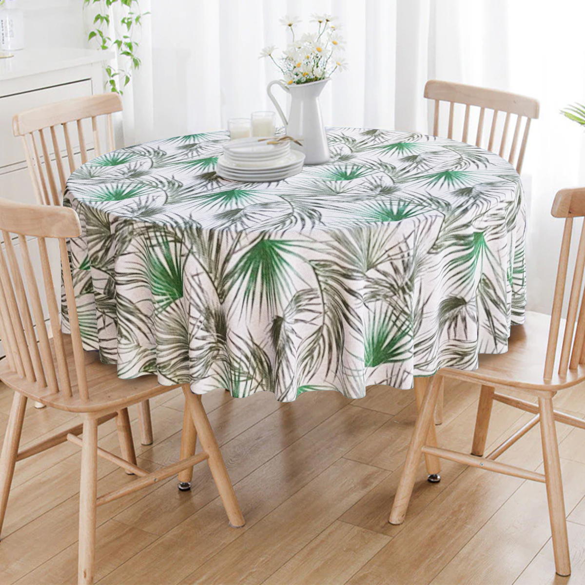 Toalha De Mesa Redonda Folhas Tropicais Verdes 4 Lugares