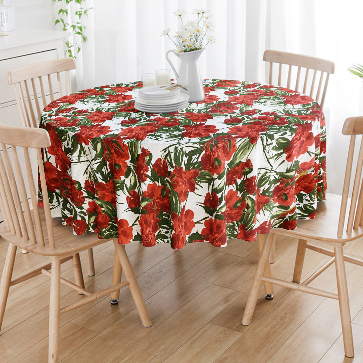 Toalha De Mesa Redonda Floral Vermelho 4 Lugares