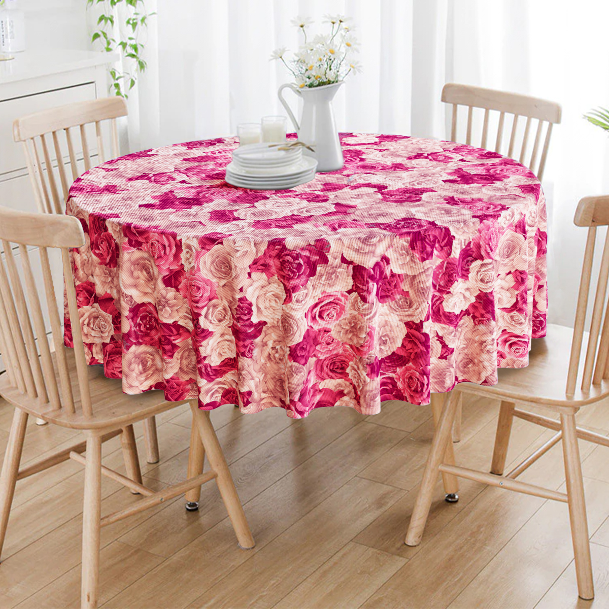 Toalha De Mesa Redonda Floral Rosê e Pink 4 Lugares
