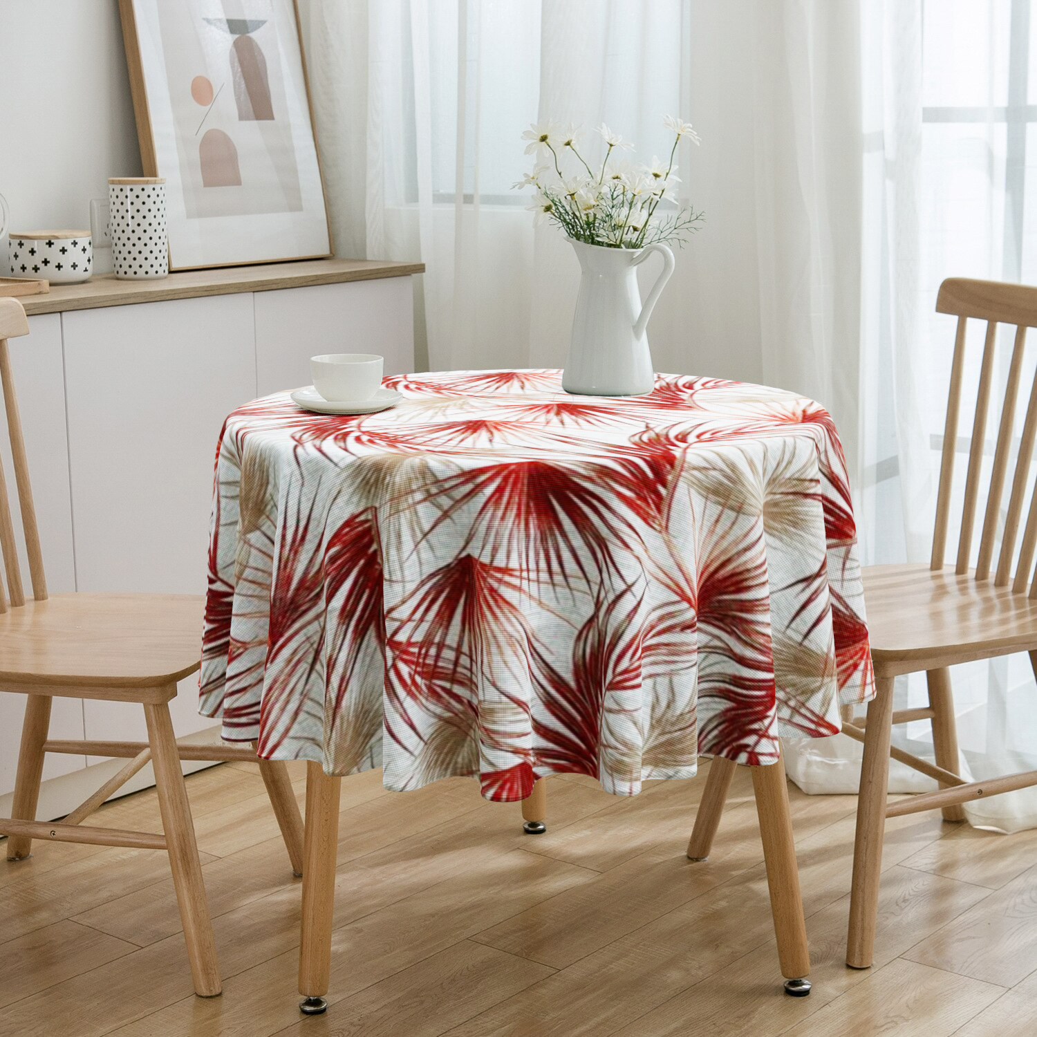 Toalha De Mesa Redonda Folhas Tropicais Vermelhas 4 Lugares