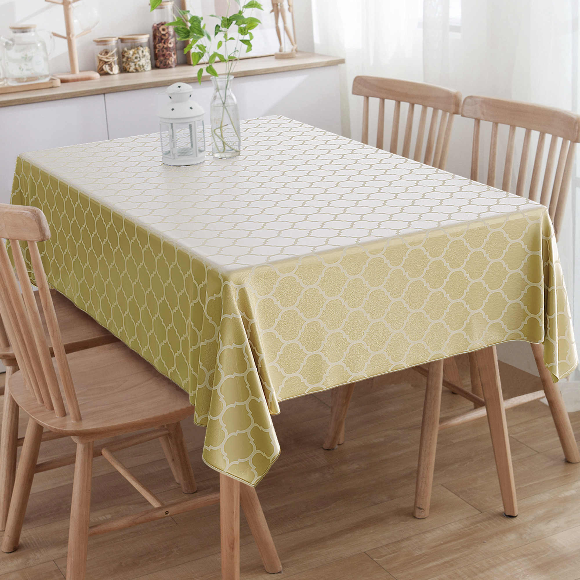 Toalha de Mesa Quadrada Colméia Dourado e Bege 4 Lugares