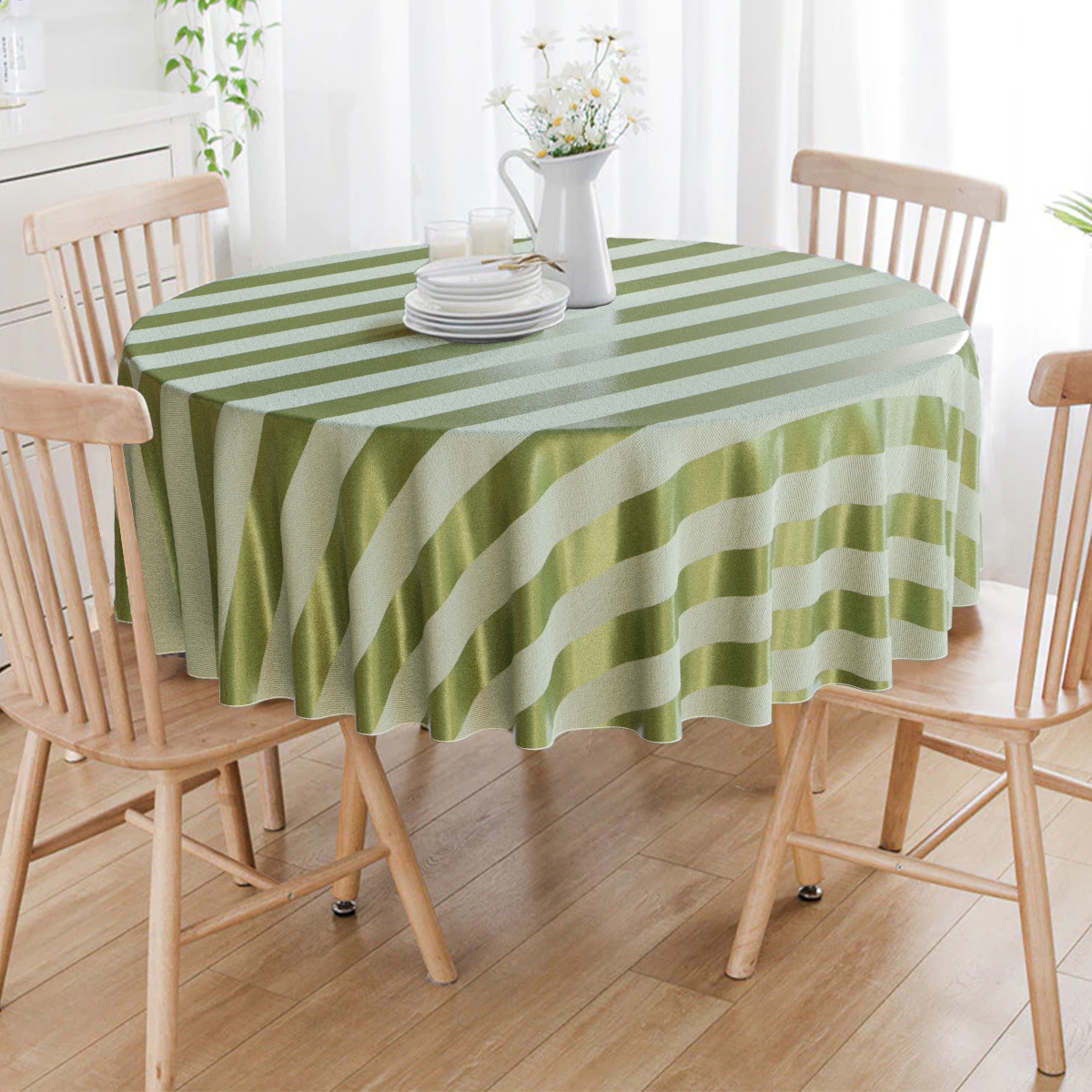 Toalha De Mesa Redonda Verde Pistache Listrado 4 Lugares