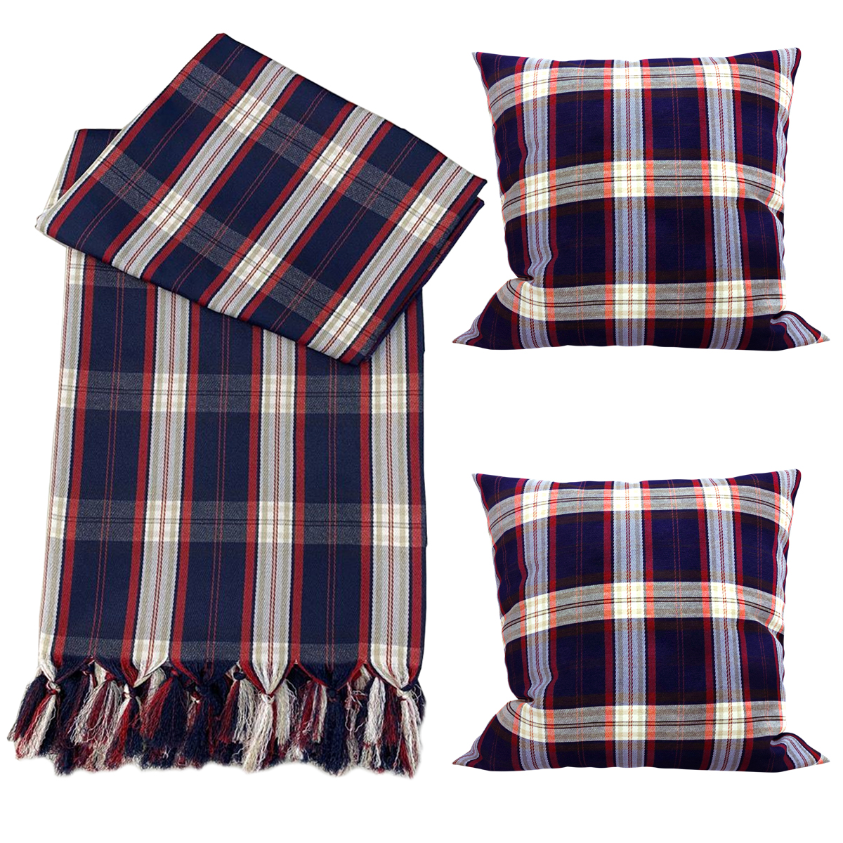 Kit Manta para Sofá Quadriculada Azul + 2 Almofadas