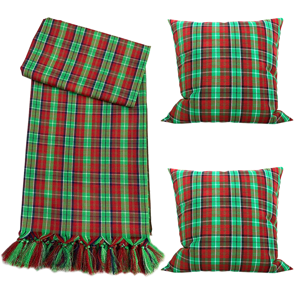 Kit Manta para Sofá Natalino Verde e Vermelho + 2 Capas De Almofadas