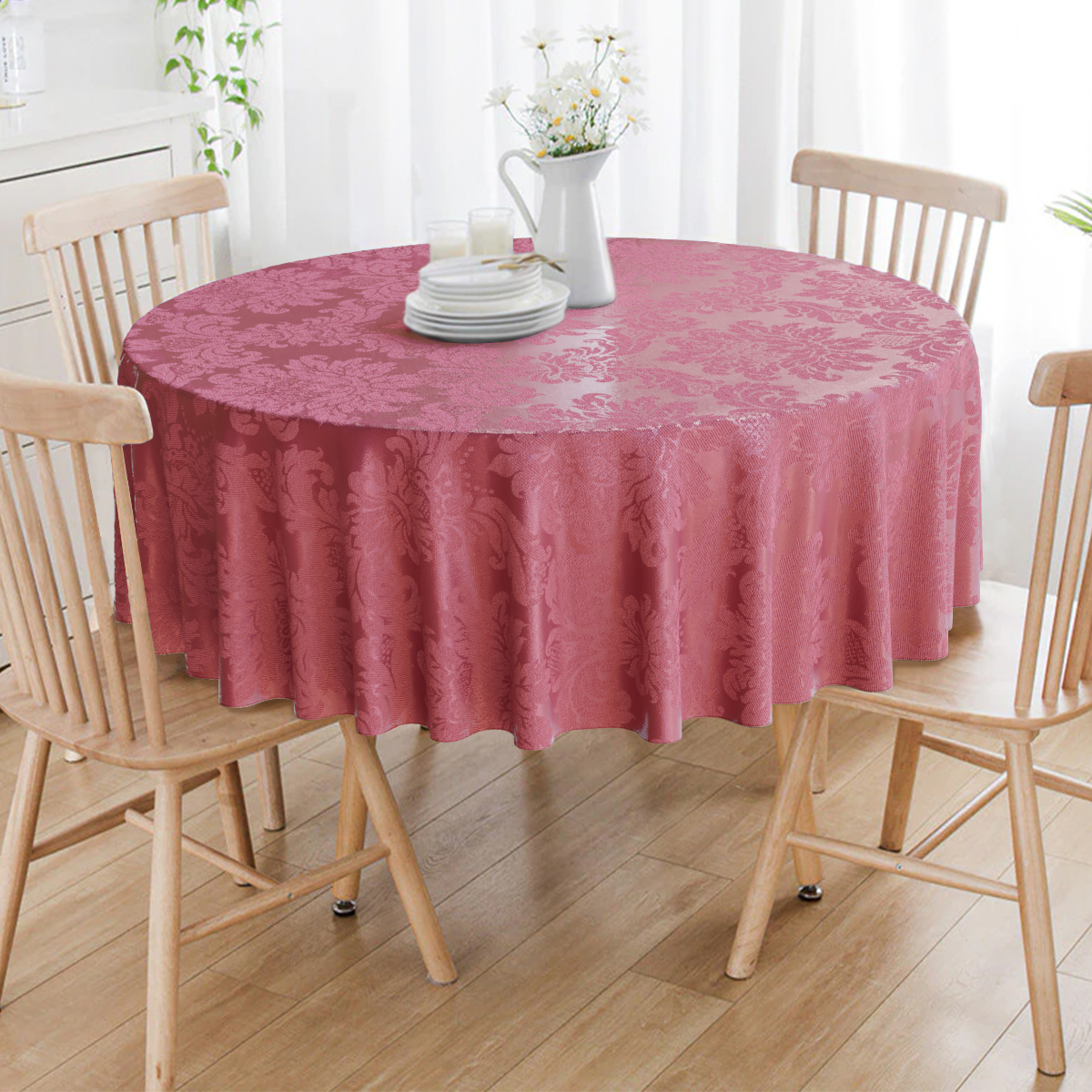 Toalha De Mesa Redonda Medalhão Marsala 6 Lugares