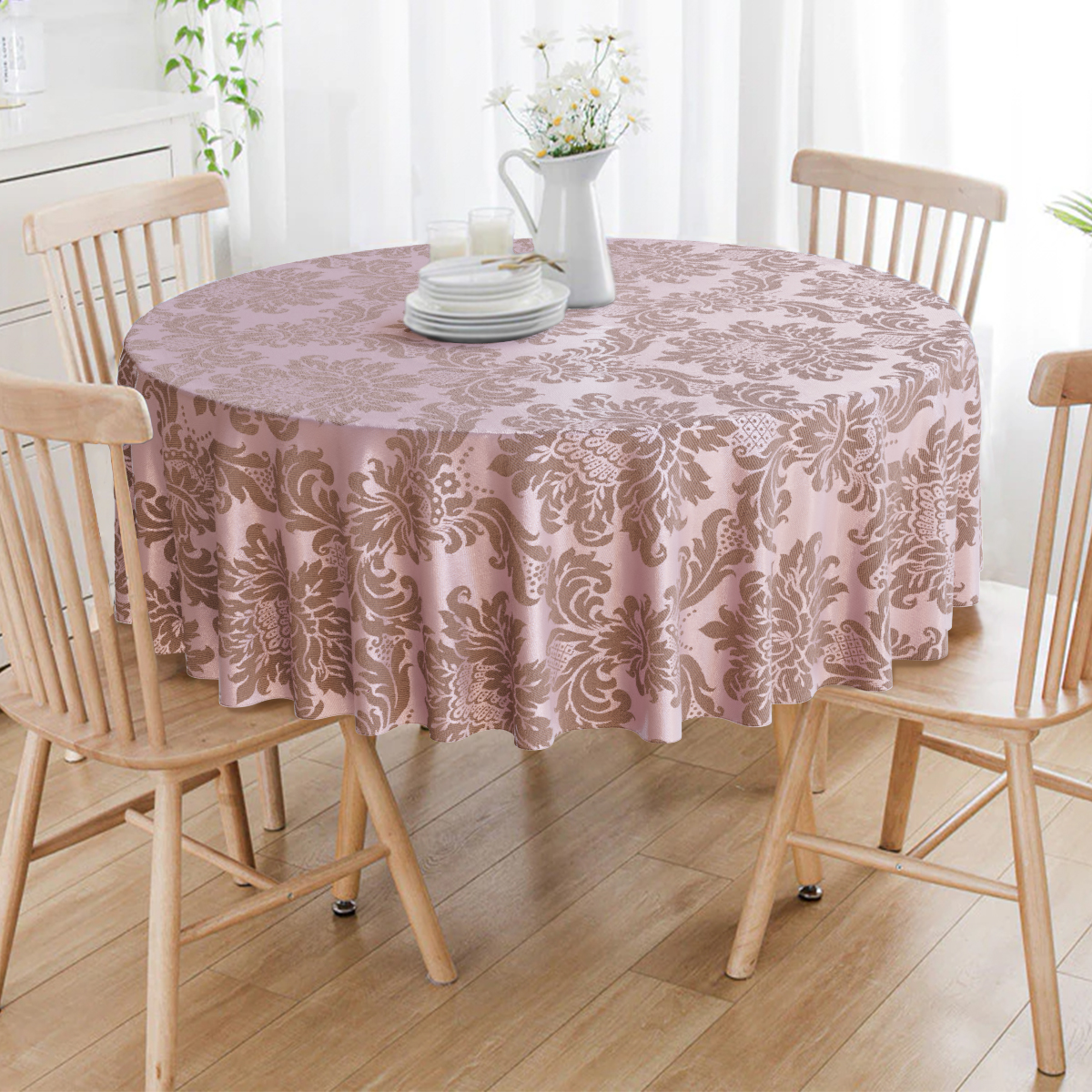 Toalha De Mesa Redonda Rosê e Marrom Medalhão 6 Lugares