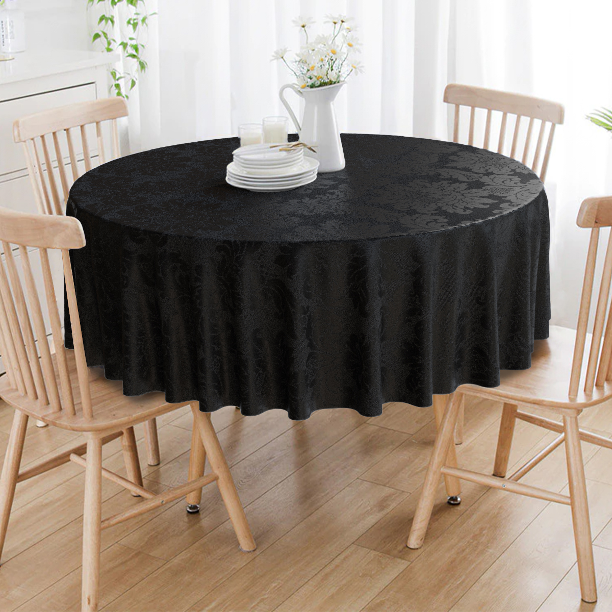 Toalha De Mesa Redonda Preto Medalhão 8 Lugares