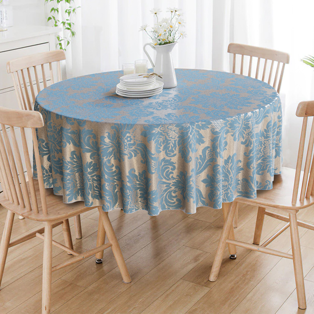 Toalha De Mesa Redonda Medalhão Azul E Dourado 6 Lugares