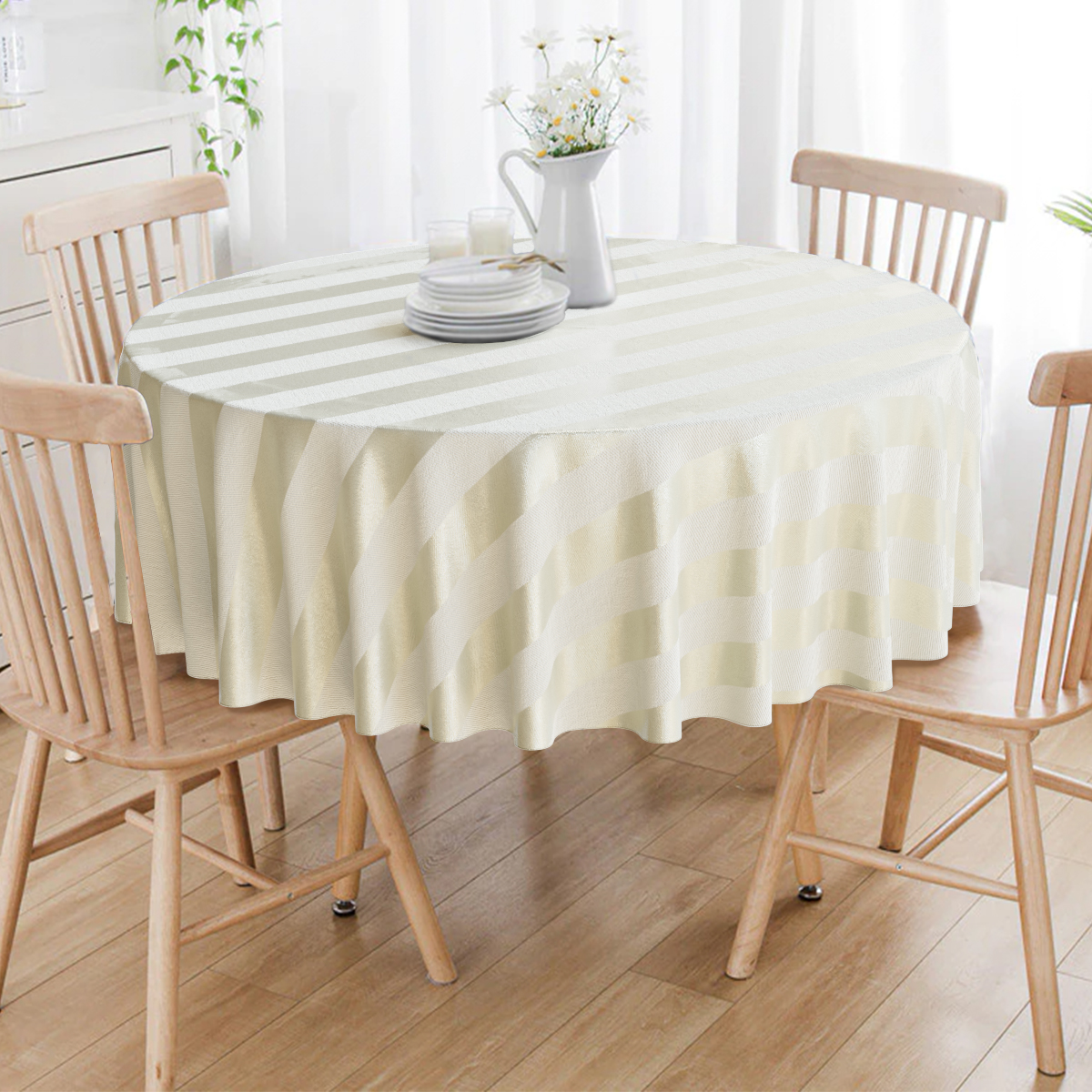 Toalha De Mesa Redonda Bege Listrada 10 Lugares