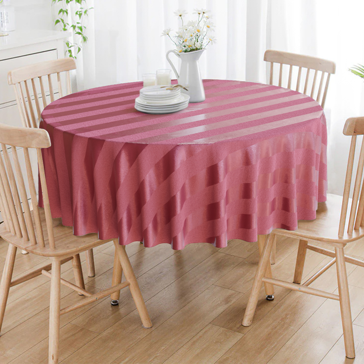 Toalha De Mesa Redonda Listrado Marsala 6 Lugares