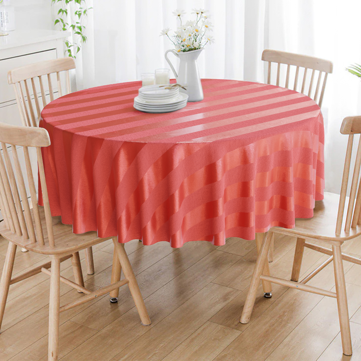 Toalha De Mesa Redonda Vermelha Listrada 10 Lugares