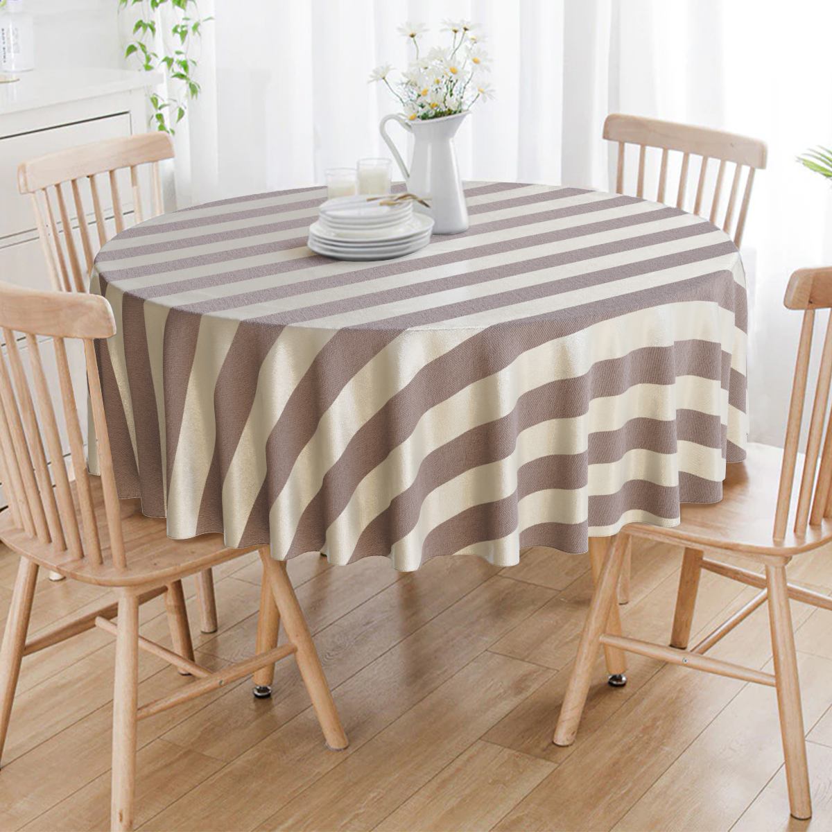 Toalha De Mesa Redonda Listrado Marrom E Dourado 6 Lugares