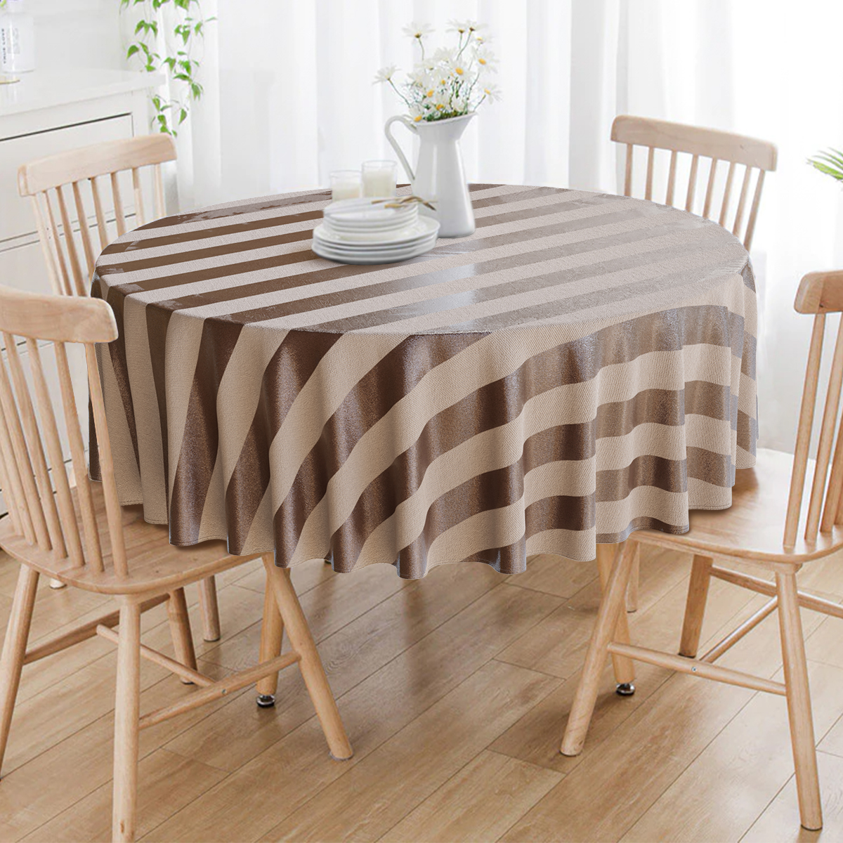 Toalha De Mesa Redonda Marrom e Bege Listrada 4 Lugares