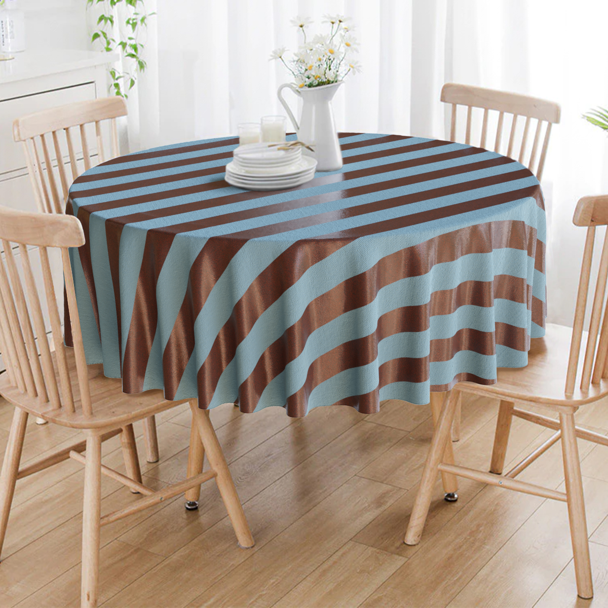 Toalha De Mesa Redonda Tiffany e Marrom Listrada 10 Lugares