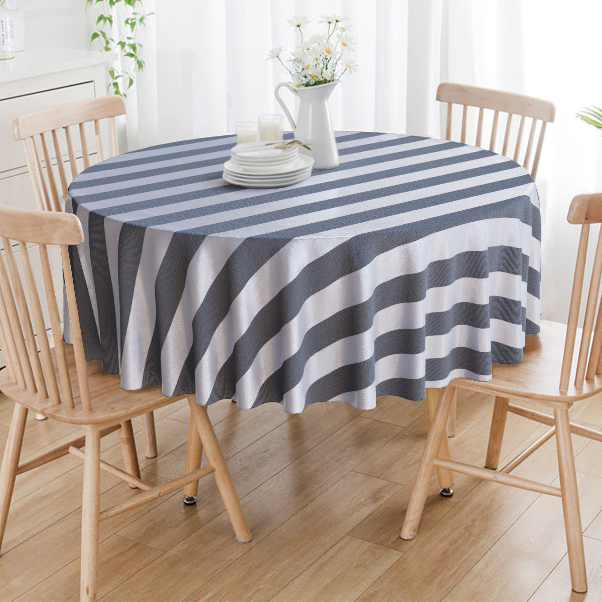 Toalha De Mesa Redonda Preto E Prata Listrado 6 Lugares