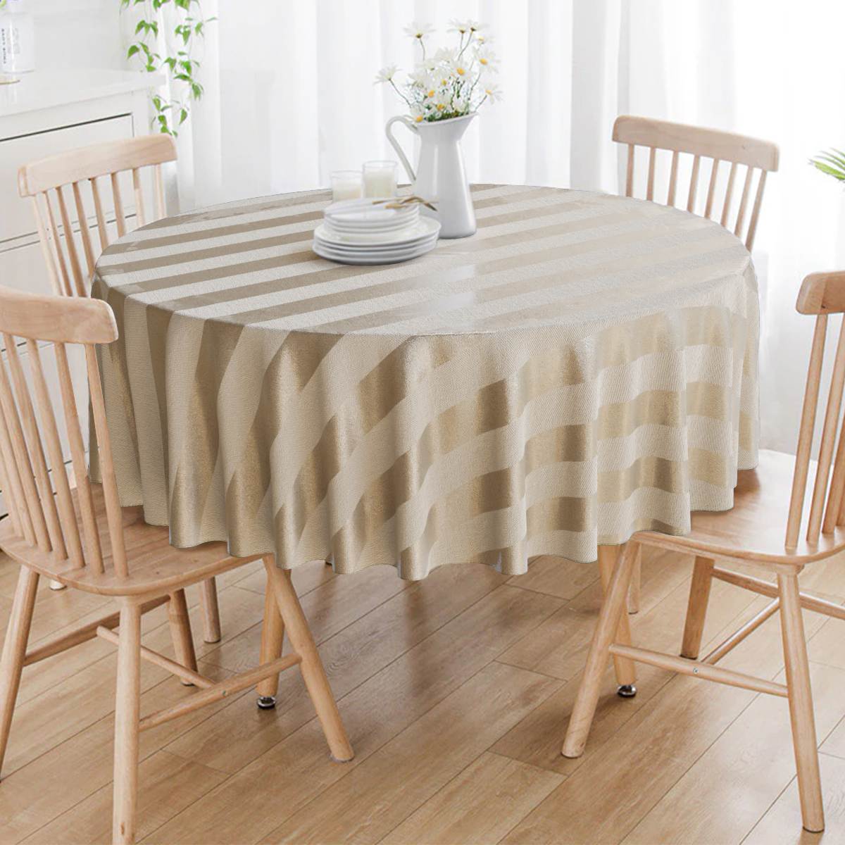 Toalha De Mesa Redonda 1.80m Marrom Fendi Listrado 6 Lugares