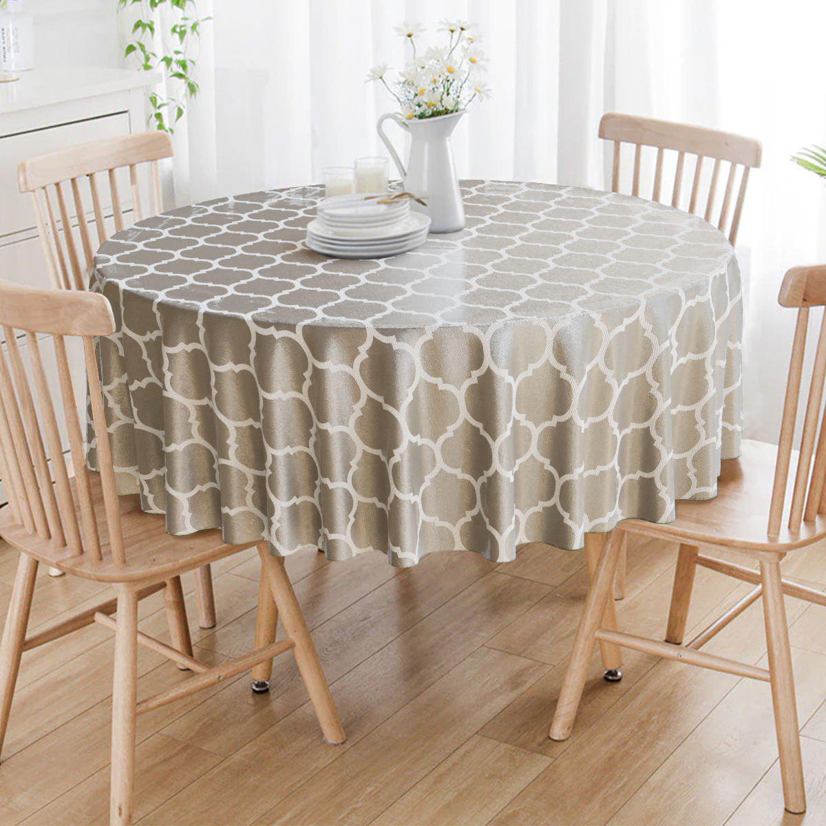 Toalha De Mesa Redonda Cinza e Crú Colméia 6 Lugares