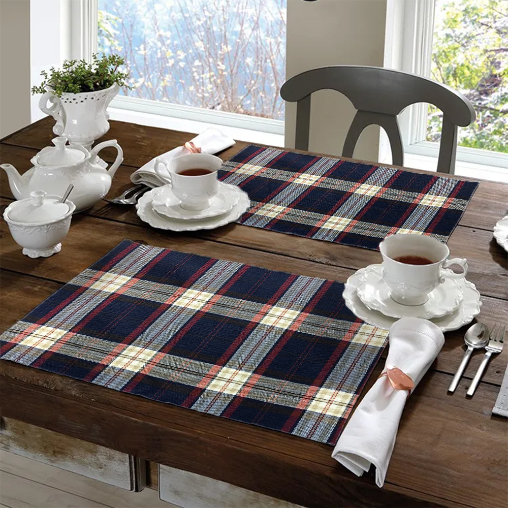 Jogo Americano 4 Peças Em Jacquard Estampado Quadriculado Azul Escuro