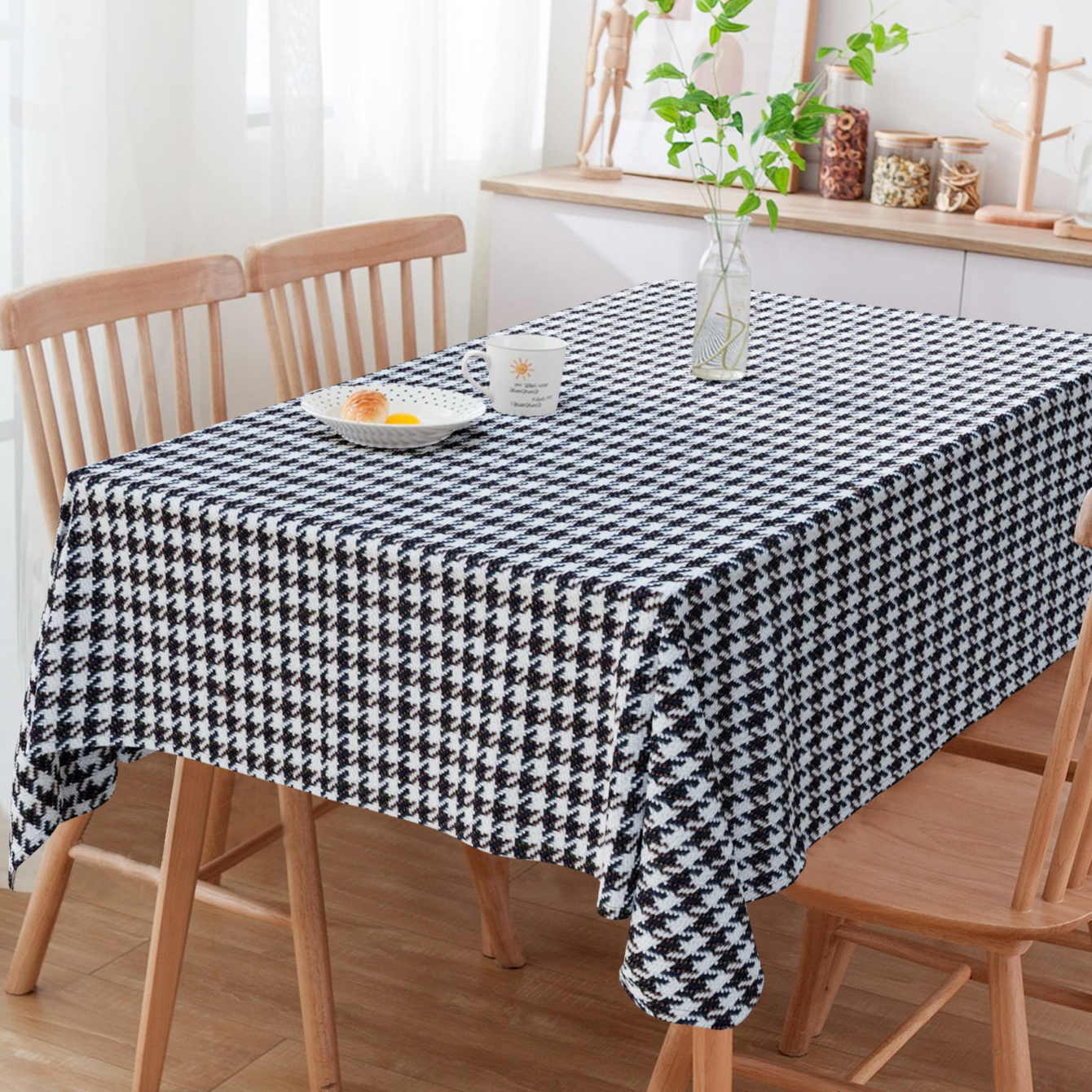 Toalha de Mesa Retangular Pied de Poule Preto 6 Lugares