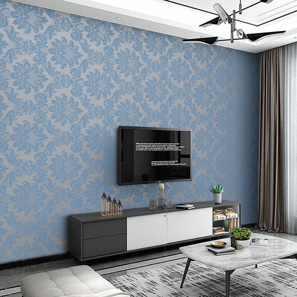 Tecido de Parede Jacquard Azul e Dourado - Medalhão