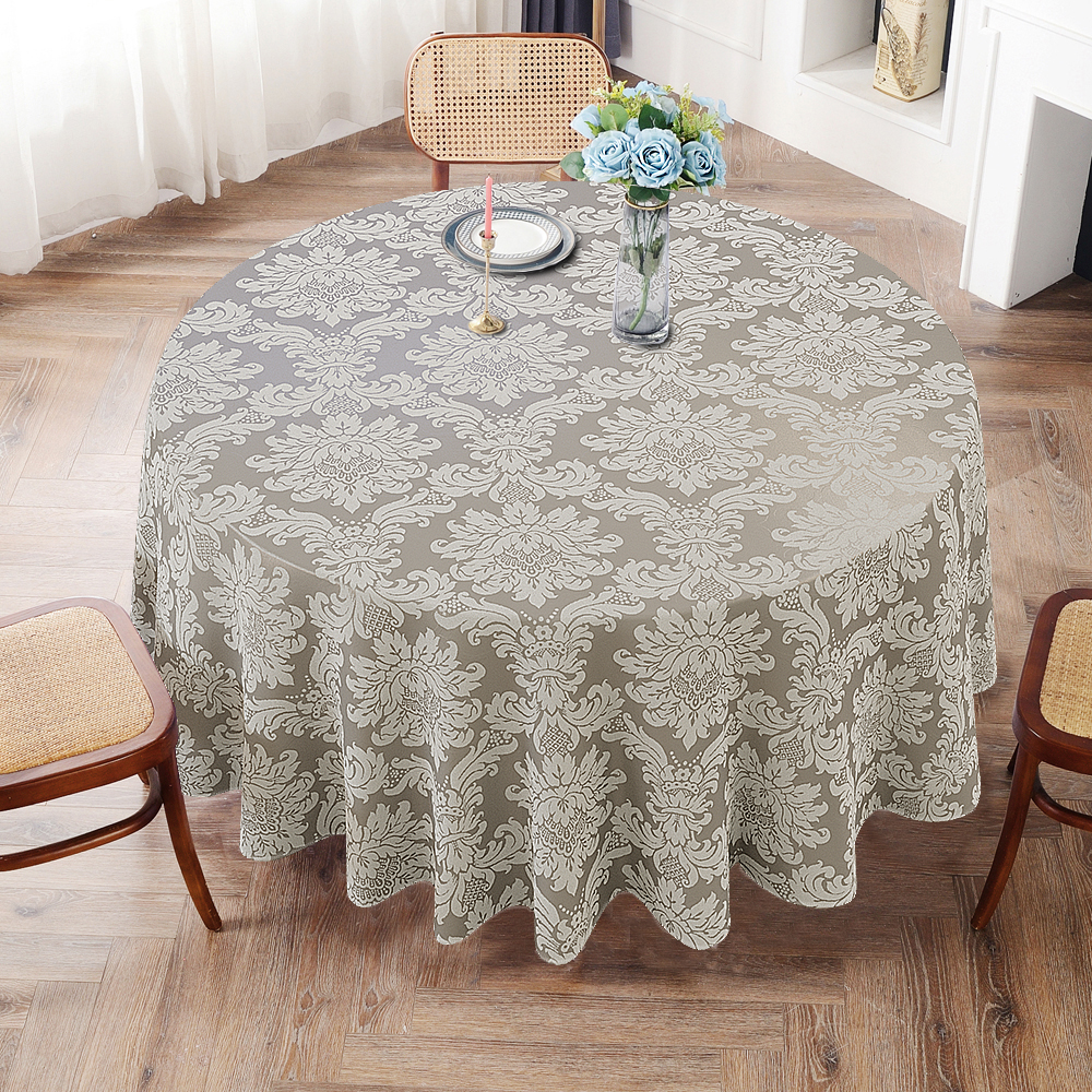 Toalha De Mesa Redonda Cinza E Crú Medalhão 10 Lugares