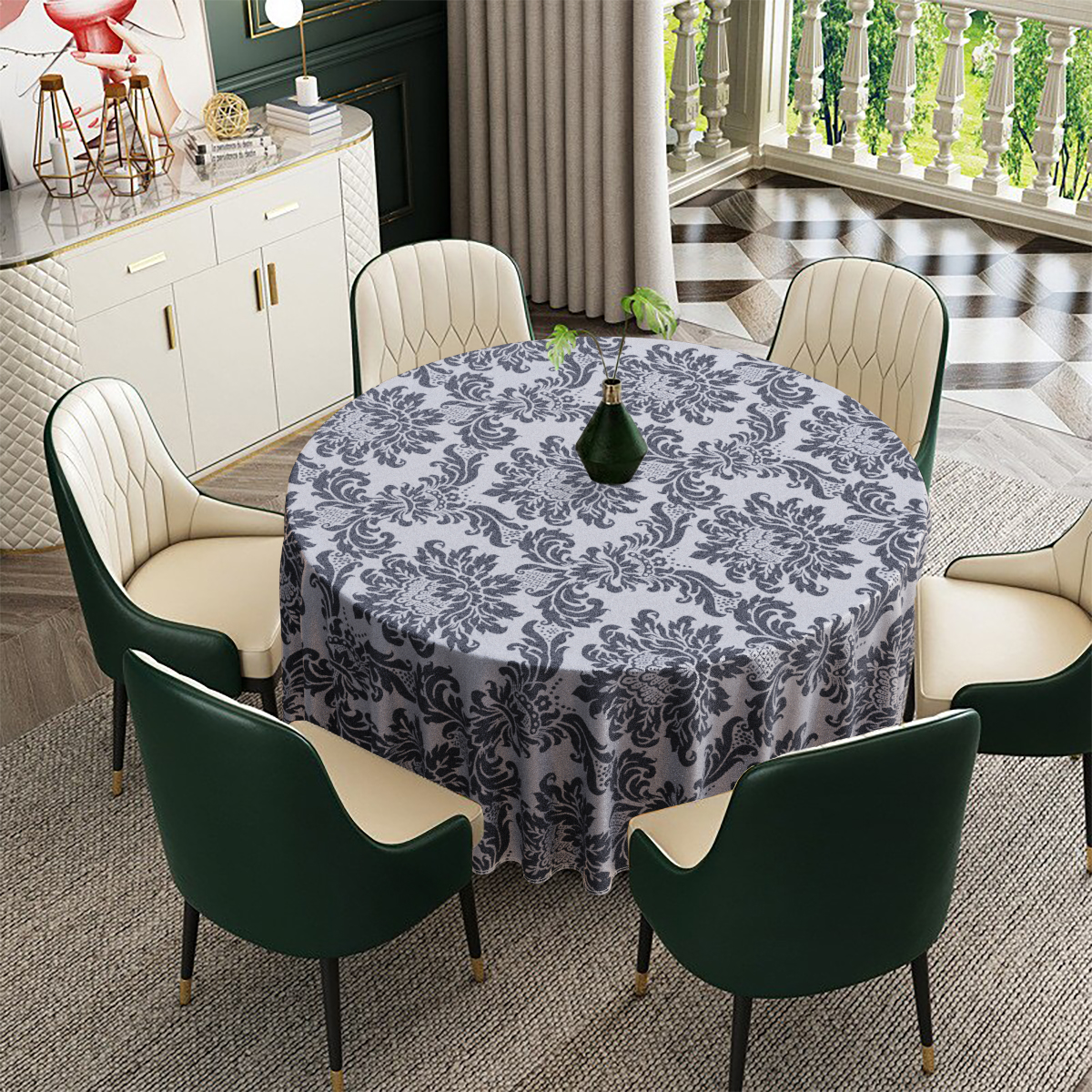 Toalha De Mesa Redonda Medalhão Preto E Prata 6 Lugares