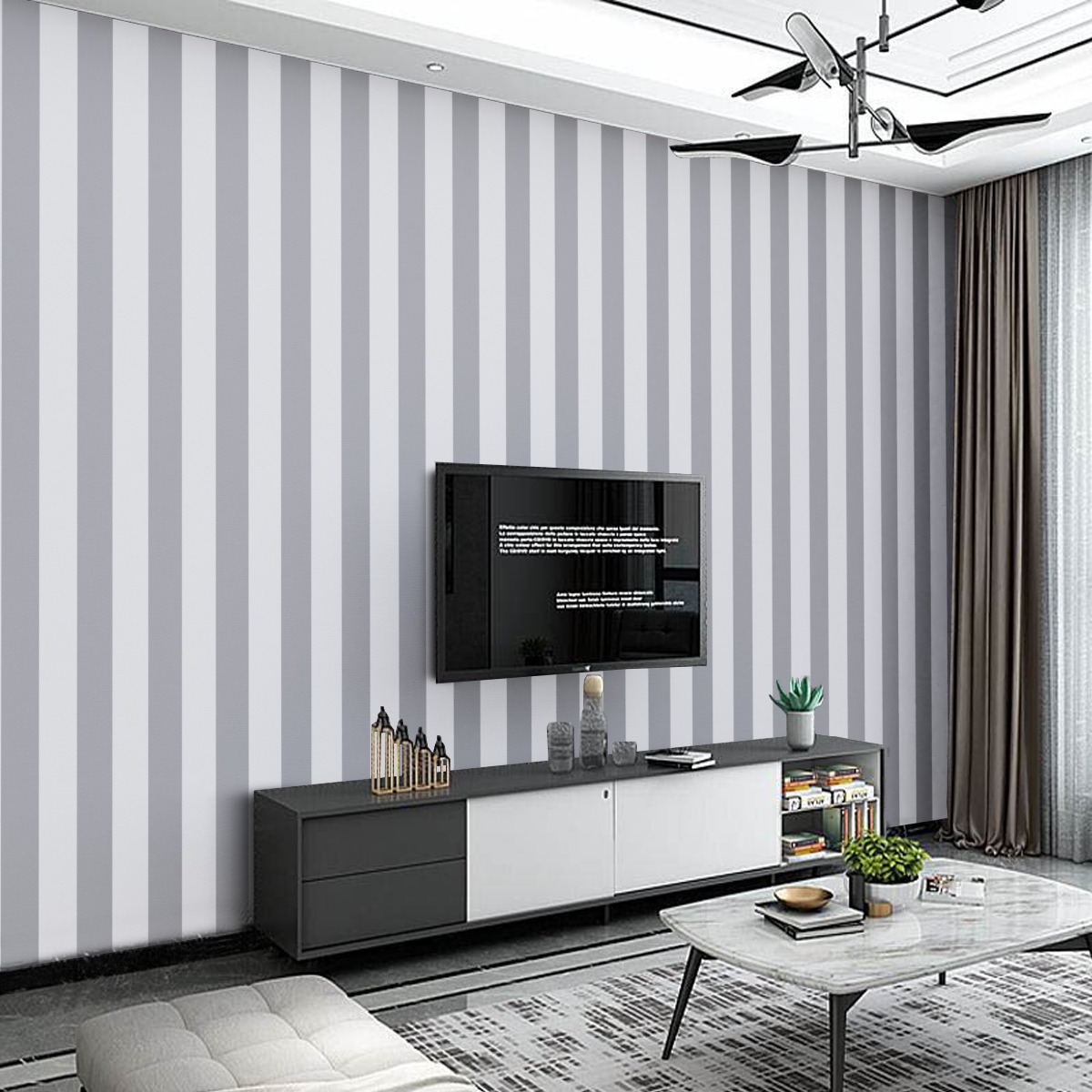 Tecido de Parede Jacquard Estampado Listrado Cinza e Branco