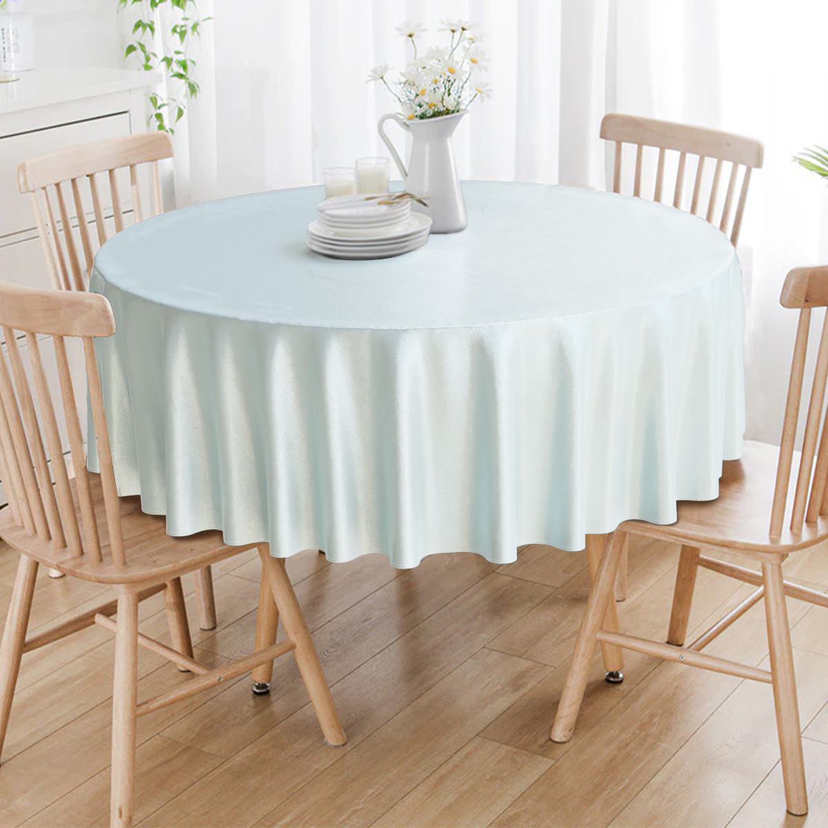 Toalha De Mesa Redonda Azul Prateado e Crú Liso 4 Lugares