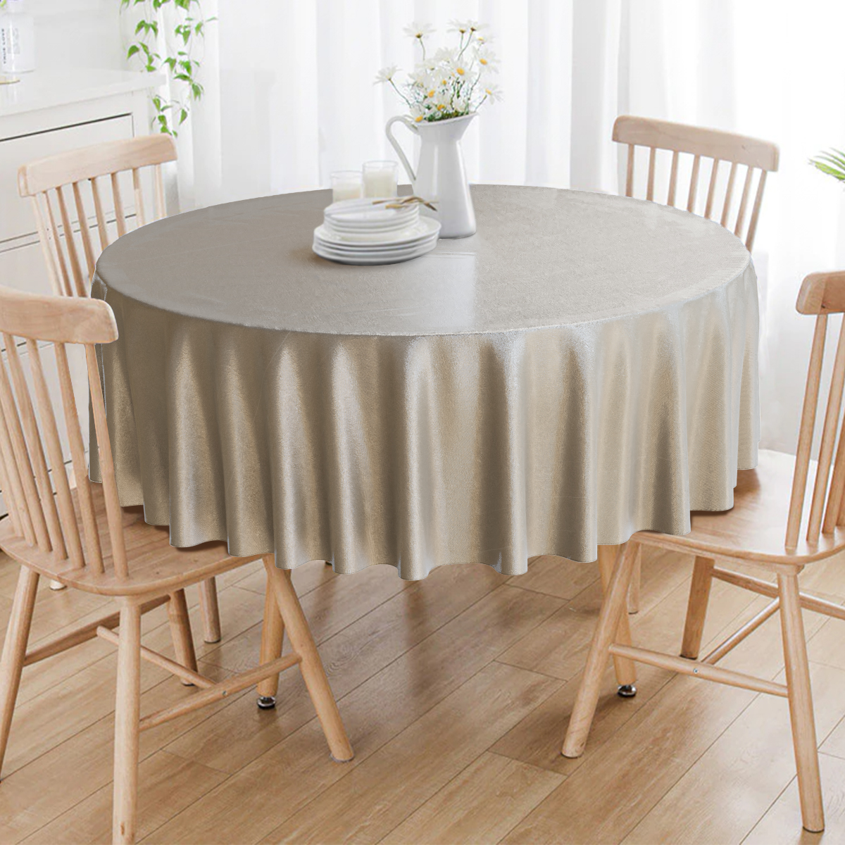 Toalha De Mesa Redonda Liso Cinza E Crú 4 Lugares