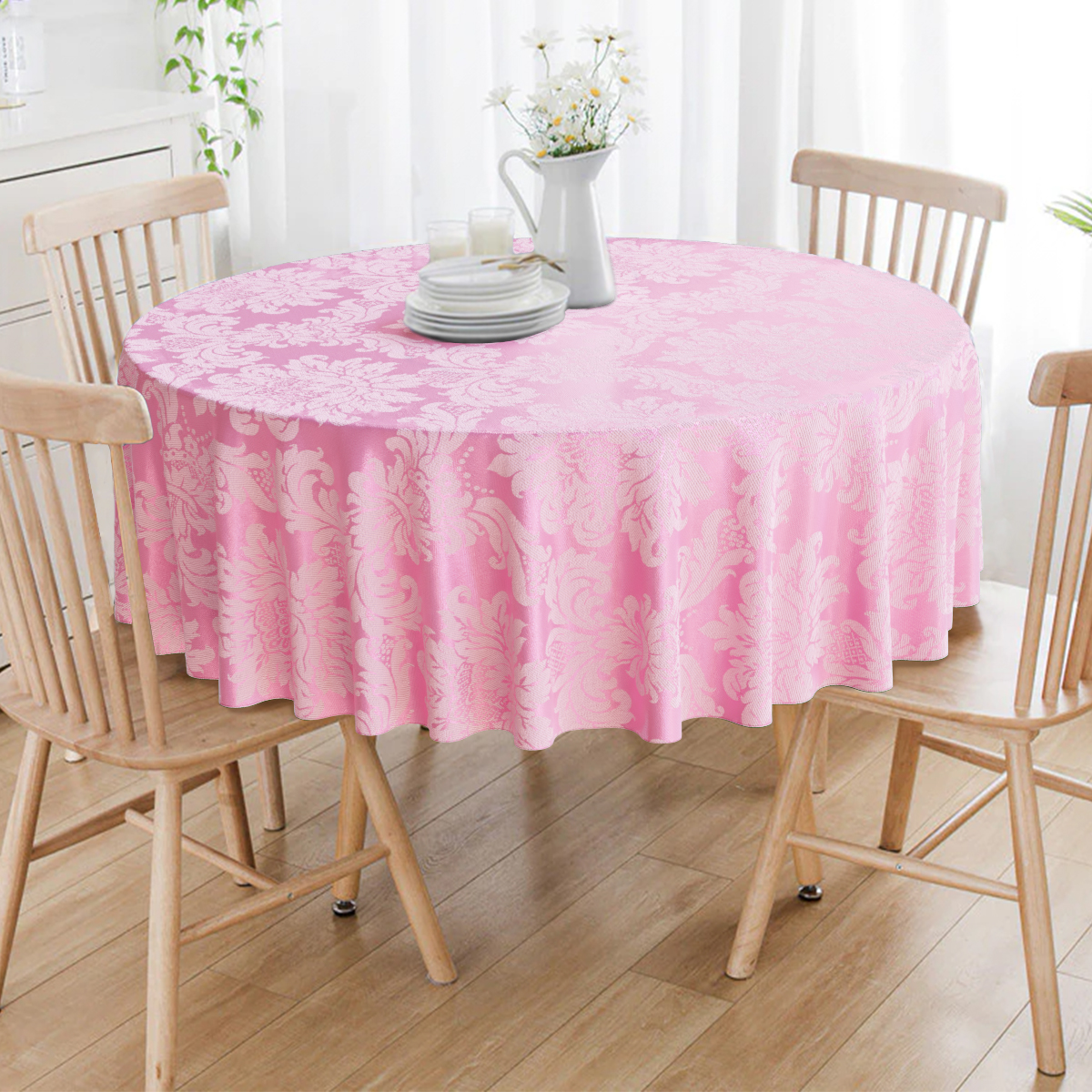 Toalha De Mesa Redonda Rosa Bebê Medalhão 4 Lugares