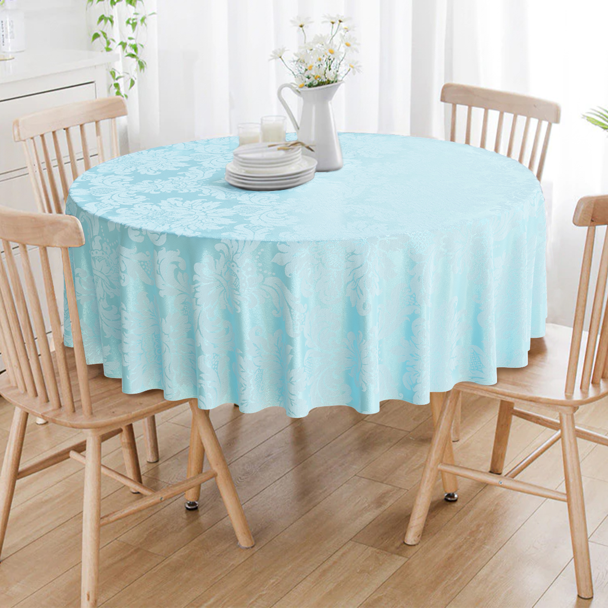 Toalha De Mesa Redonda Azul Bebê Medalhão 10 Lugares