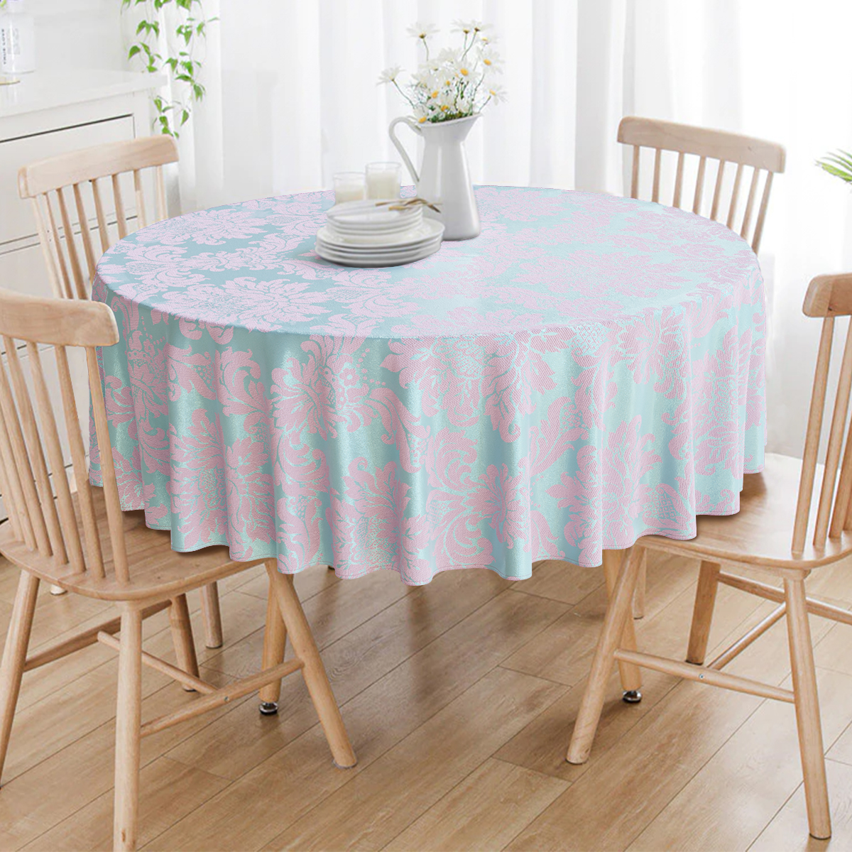 Toalha De Mesa Redonda Tiffany e Rosa Medalhão 6 Lugares