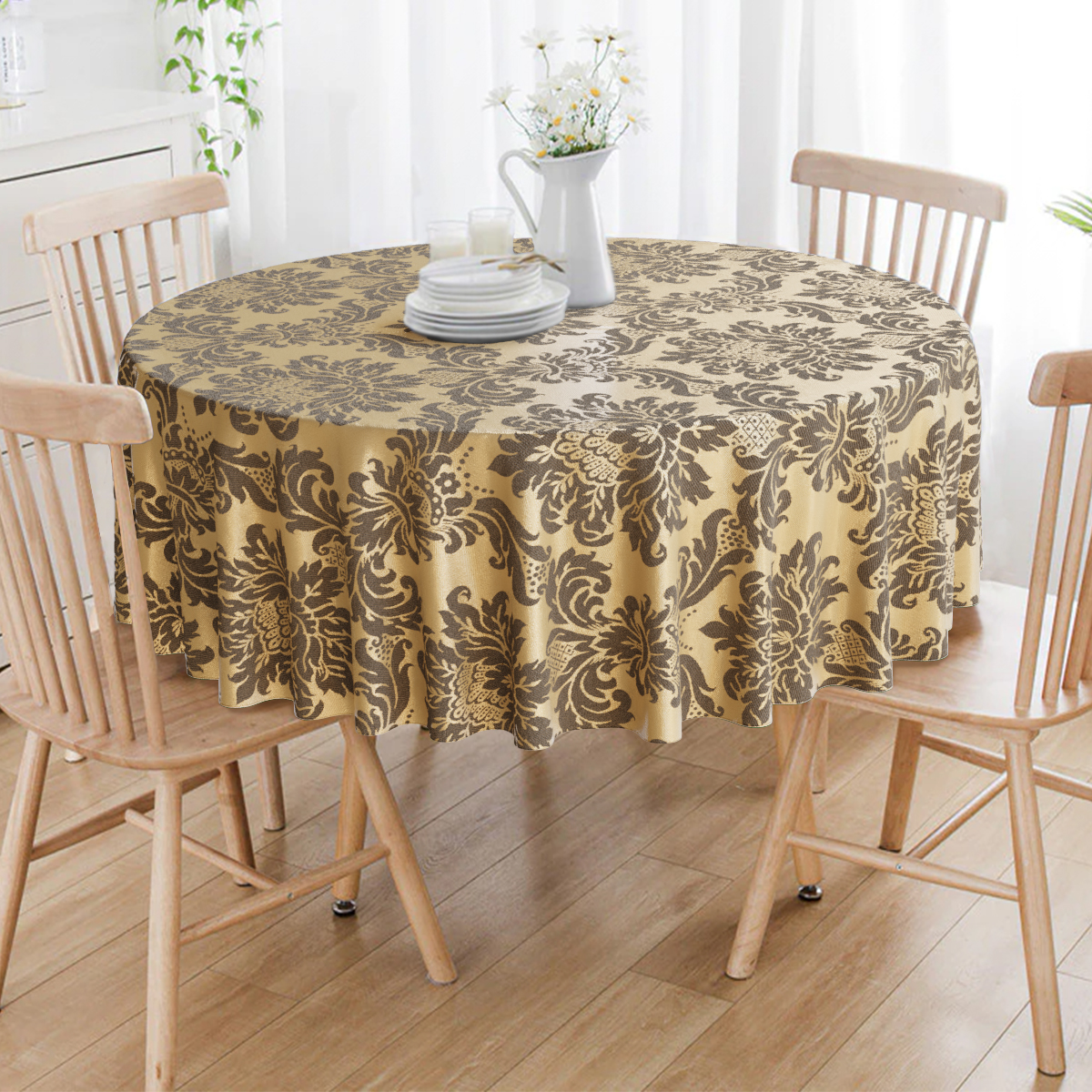 Toalha De Mesa Redonda Preto E Dourado Medalhão 4 Lugares