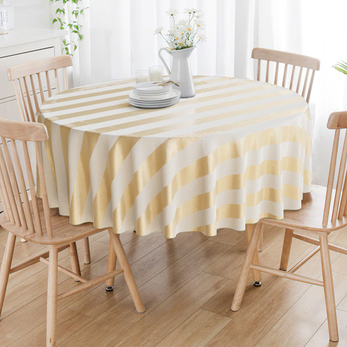 Toalha De Mesa Redonda Dourado Listrado 4 Lugares