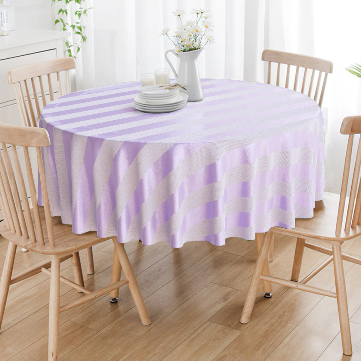 Toalha De Mesa Redonda Listrado Lilás e Crú 4 Lugares