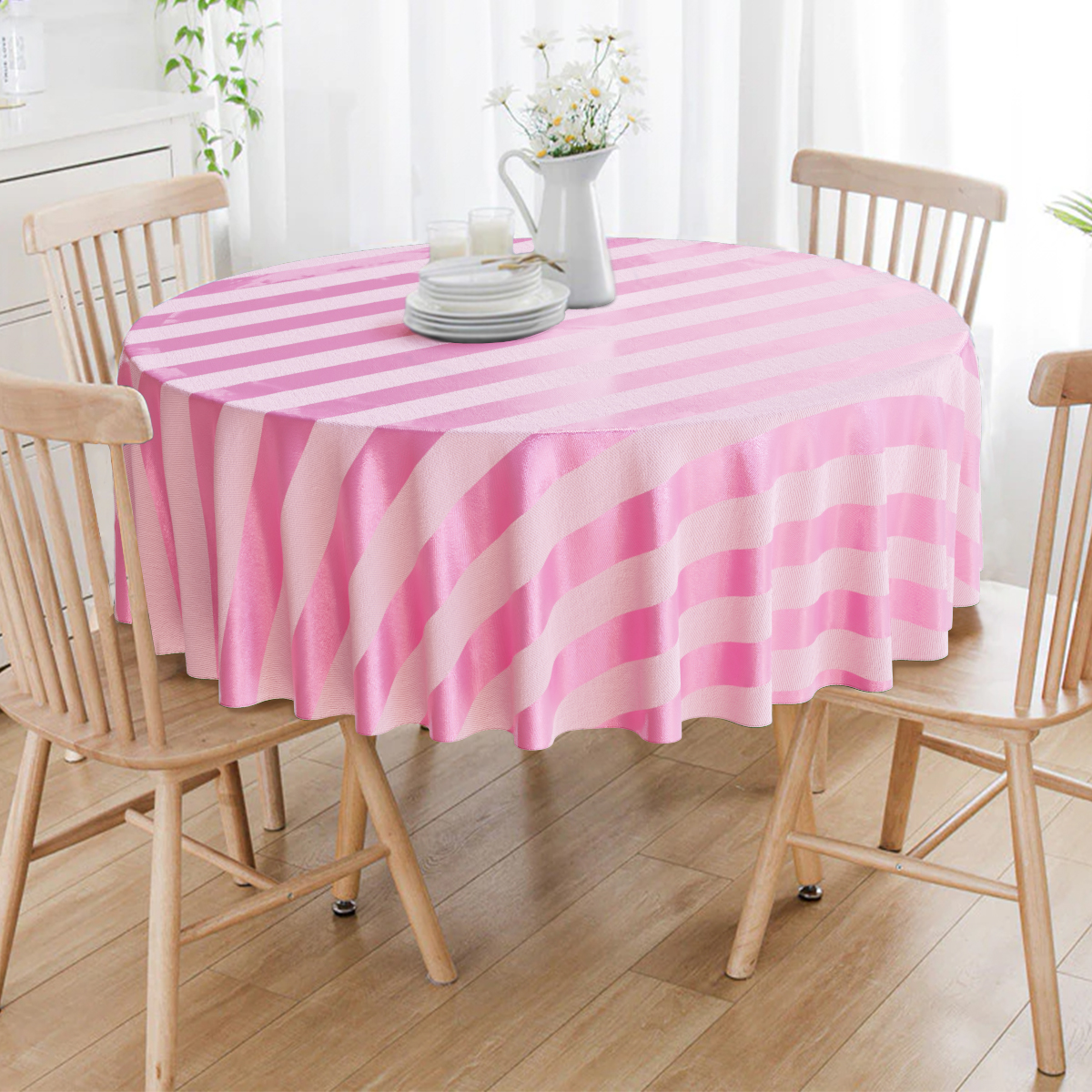 Toalha De Mesa Redonda Rosa Bebê Listrado 4 Lugares