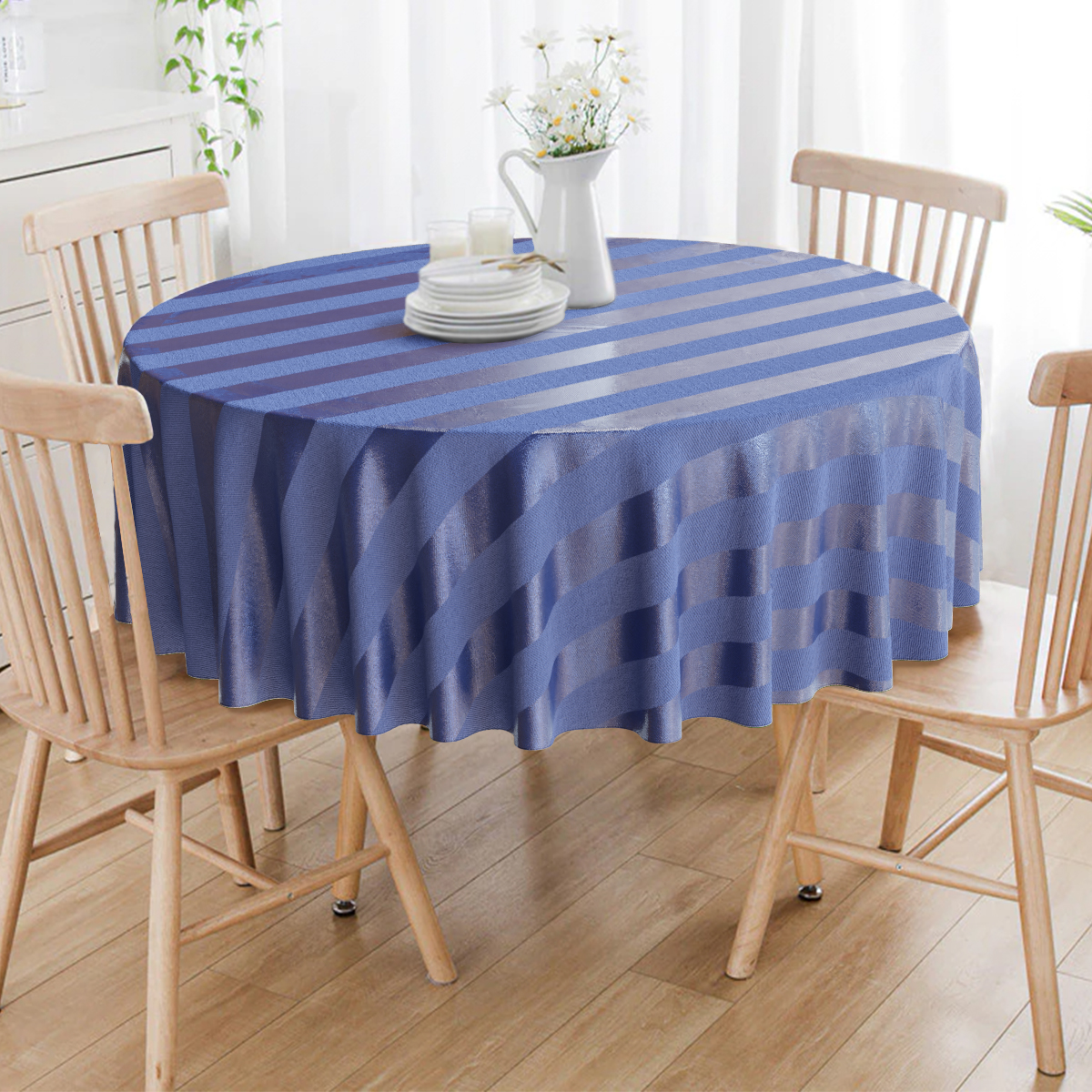 Toalha De Mesa Redonda Azul Marinho Listrado 4 Lugares