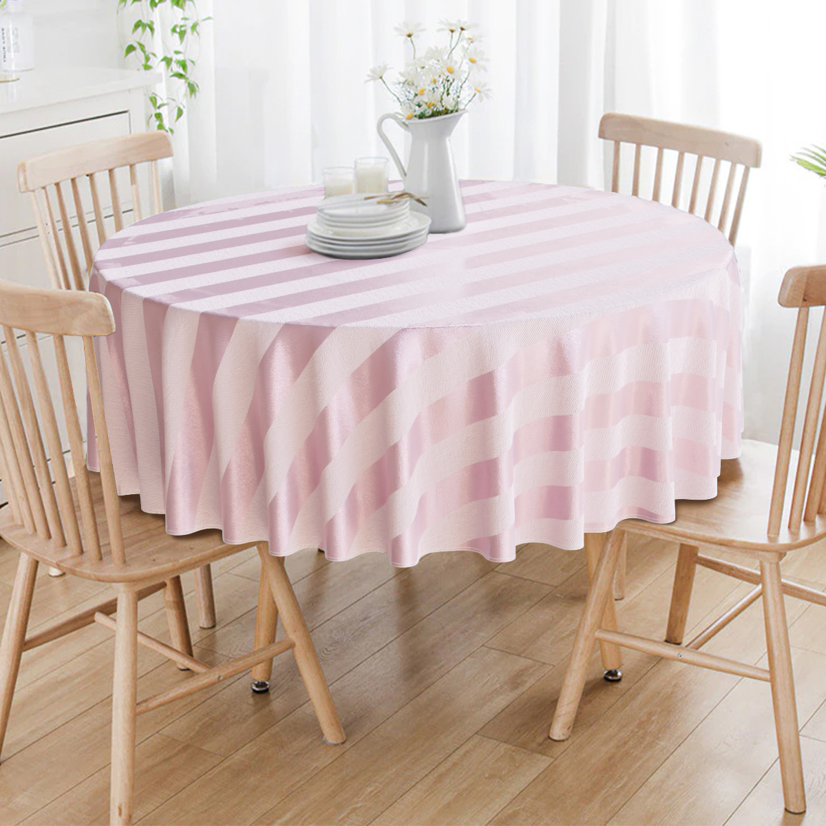 Toalha De Mesa Redonda Rosa Envelhecido Listrado 4 Lugares