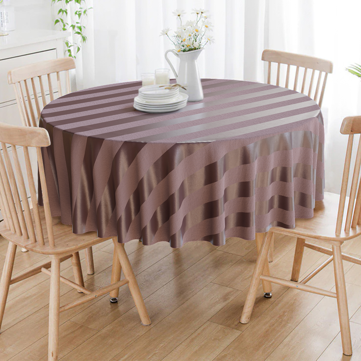 Toalha De Mesa Redonda Marrom Listrado 10 Lugares